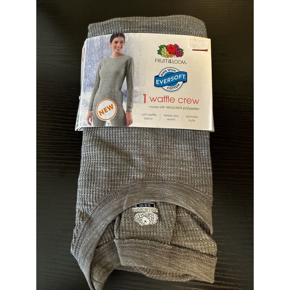 Fruit of the Loom Woman M 8-10 Waffle Crew Thermal Gray Shirt NWT Gift